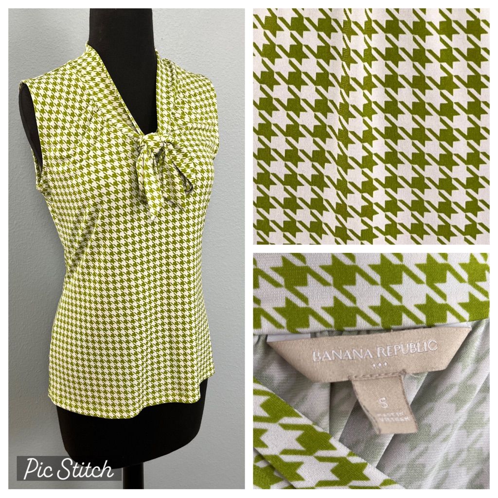 Banana Republic Sleeveless Top With Bow Green/White Herringbone